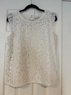 LOFT Ivory Lace Ruffle Sleeve Shell Top (Size: Small)